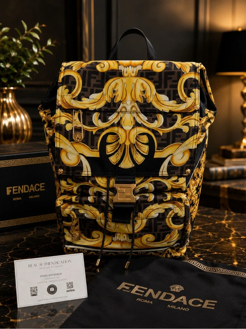 FENDACE Fendi x Versace Black & Gold Baroque Backpack New with COA and Dustbag